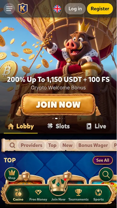 Kingia casino mobile lobby with the 200% up to 1,150 USDT + 100 free spins crypto welcome bonus splash and the Lobby / Slots / Live tab bar