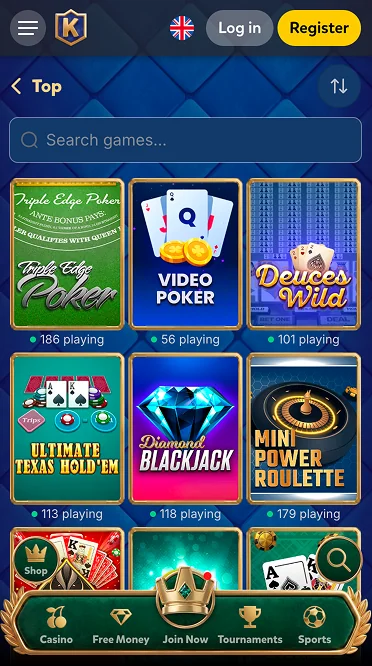 Kingia live-casino lobby with Triple Edge Poker, Video Poker, Deuces Wild, Ultimate Texas Hold'em, Diamond Blackjack and Mini Power Roulette tables live from Evolution