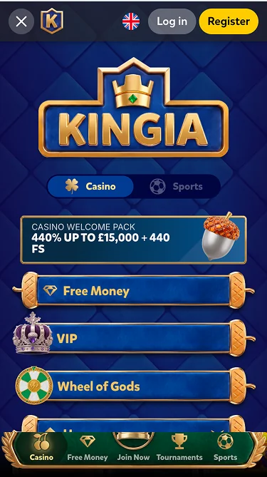 Kingia casino promotions screen with the KINGIA crown badge and the Casino Welcome Pack card showing 440% up to £15,000 + 440 FS